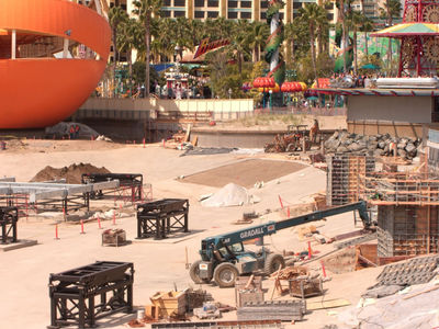Construction continues in Paradise Bay for DCA's new water spectacular.
