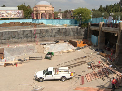 Construction materials laid out on the dry bottom of Paradise Bay